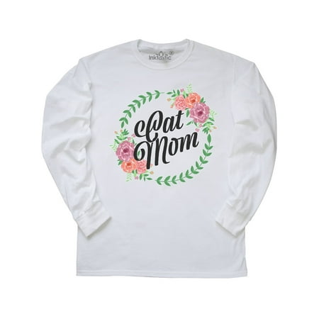 - Cat Mom with Flower Circle Illustration Long Sleeve T-Shirt