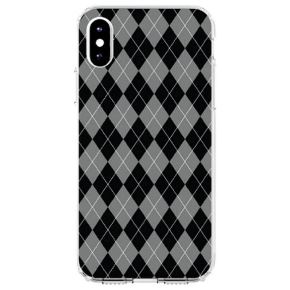 DistinctInk Clear Shockproof Hybrid Case for iPhone X / XS (5.8" Screen) - TPU Bumper, Acrylic Back, Tempered Glass Screen Protector - Black Grey White Argyle