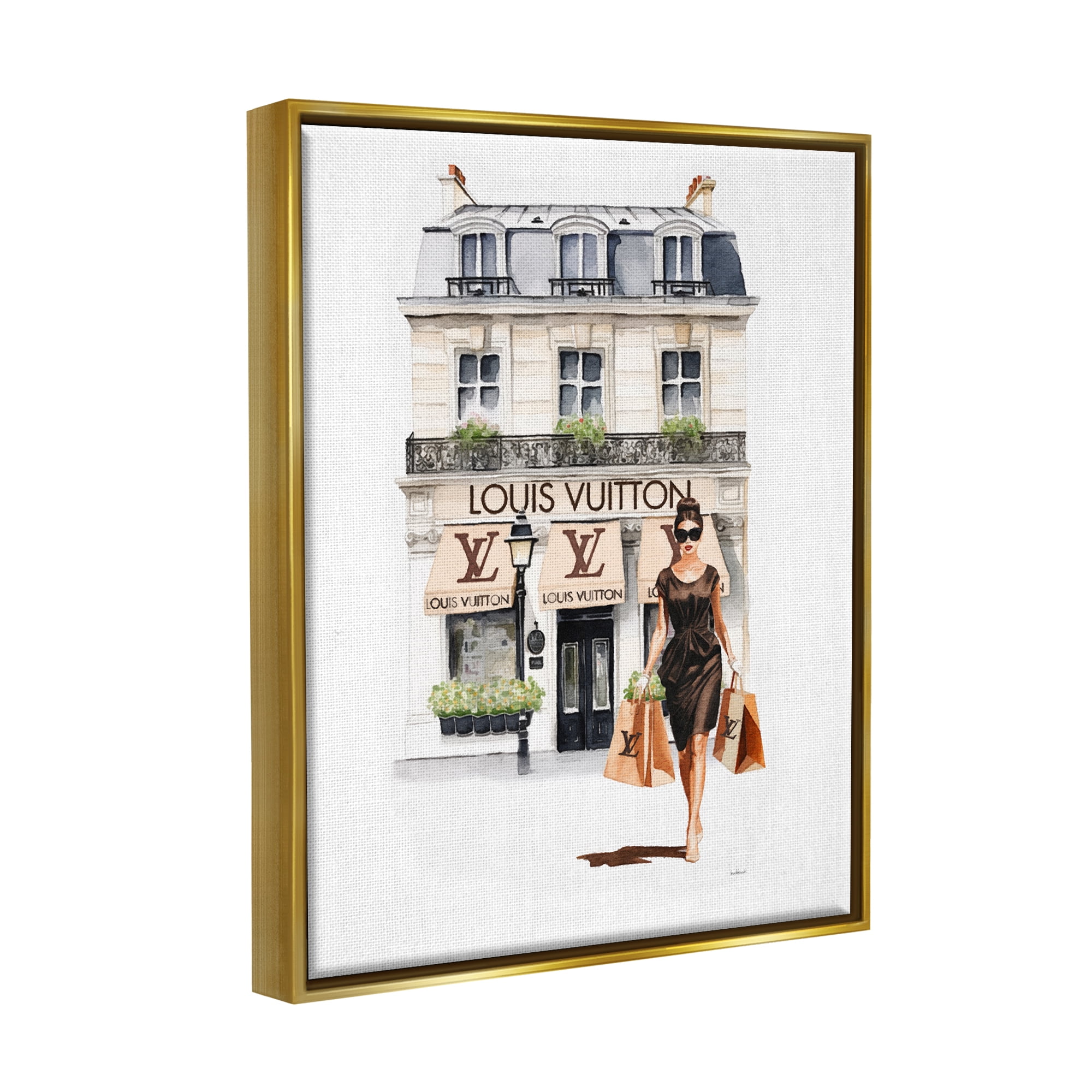 Stupell Industries Fashion Girl Shopping Town & City Painting Gold Floater Framed Canvas Art Print Wall Art, 25 x 31