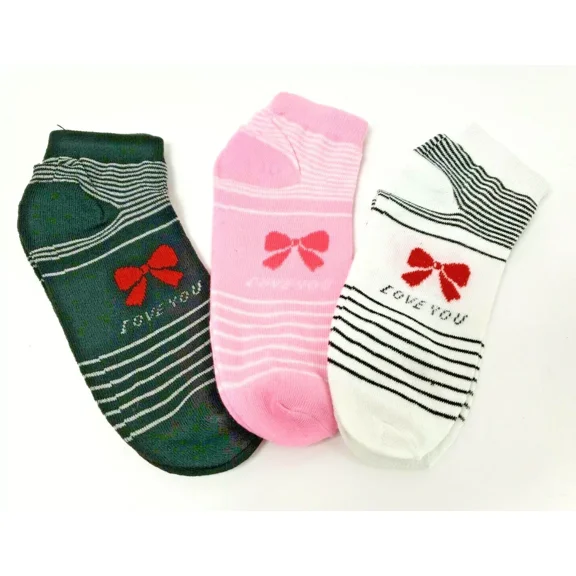 3 Pairs Ankle Sport Novelty Graphic Socks 9-11 Black, White, Pink "love you" Bow Socks