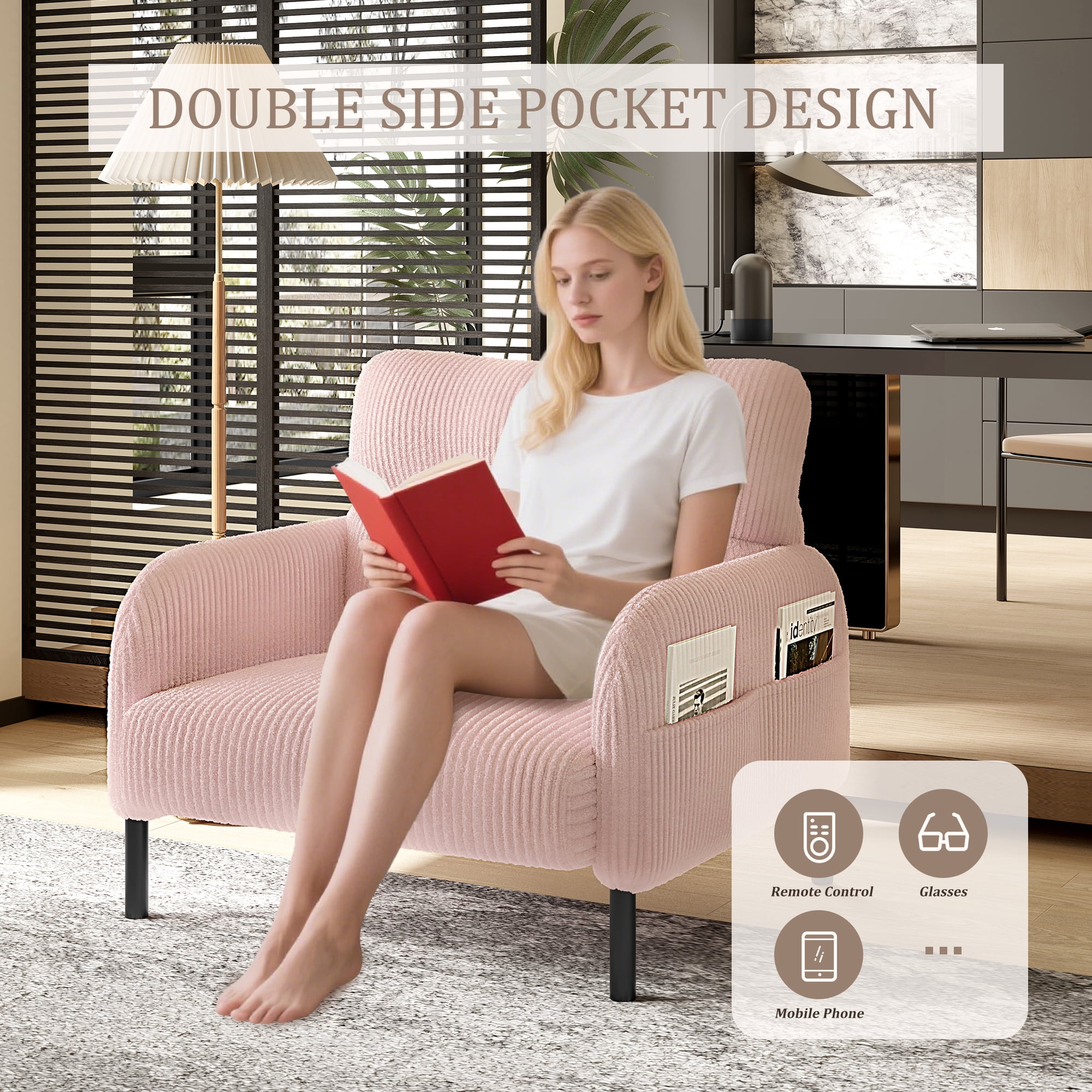 MOONMISS Corduroy Upholstered Comfortable Single Wood Frame Armchair for Living room and Bedroom-Pink