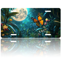 1 Pcs 2D Flat License Plate Covers & Frames, A butterfly in a moonlit For Decorative Front, Waterproof For Decoration Aluminum License Plate Covers & Frames Cover For Men Women, 12" X 6"