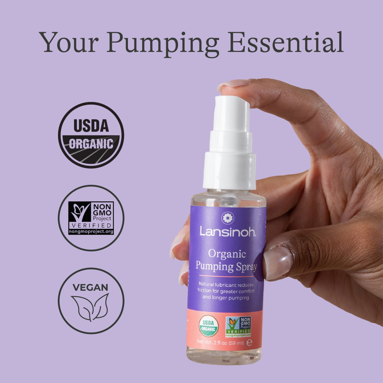 Lansinoh Organic Pumping Spray, Flange Lubricant for Breast Pump, Breastfeeding & Pumping Essentials for Sore Nipples, 2 fl oz