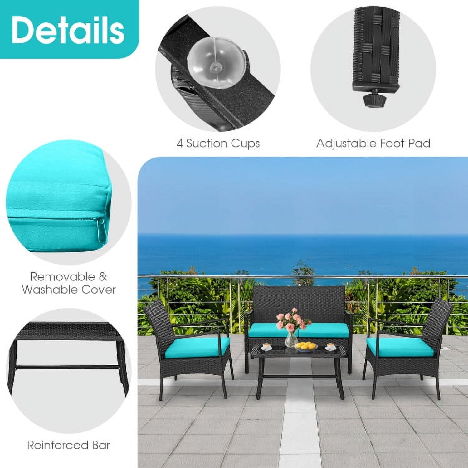 Aimee Lii 4 Pieces Rattan Conversation Set, Patio Table and Chairs Set, Outdoor Patio Set with Tempered Glass Coffee Table, Turquoise Aimee Lii 4 Pieces Rattan Conversation Set, Patio Table and Chairs Set, Outdoor Patio Set with Tempered Glass Coffee Table, Turquoise