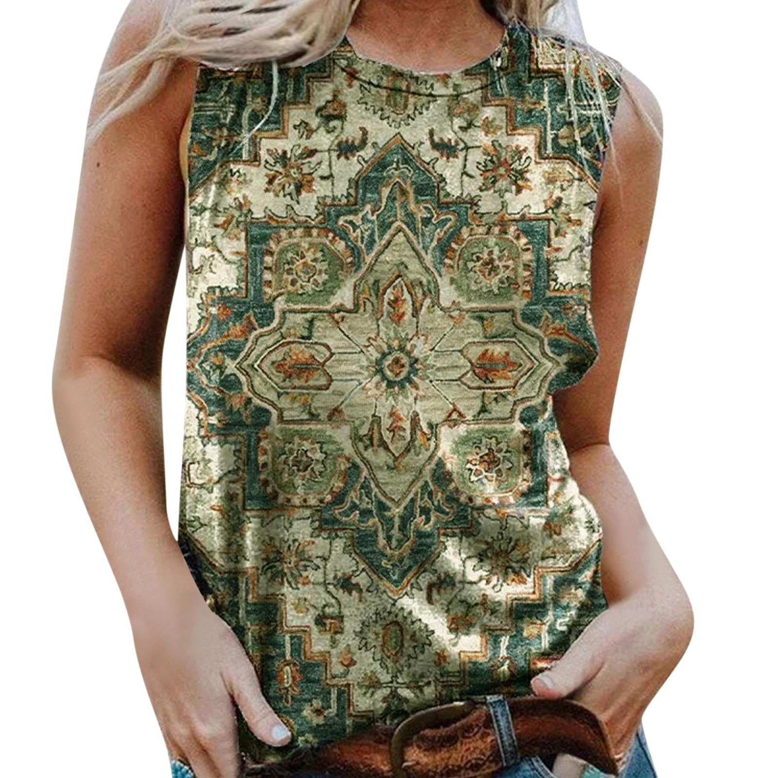 B91xZ Tank Tops With Built In Bras Women Casual Aztec Print Round Neck  Shirts Sleeveless Vest Tops Loose Splice T Shirts Green, L 