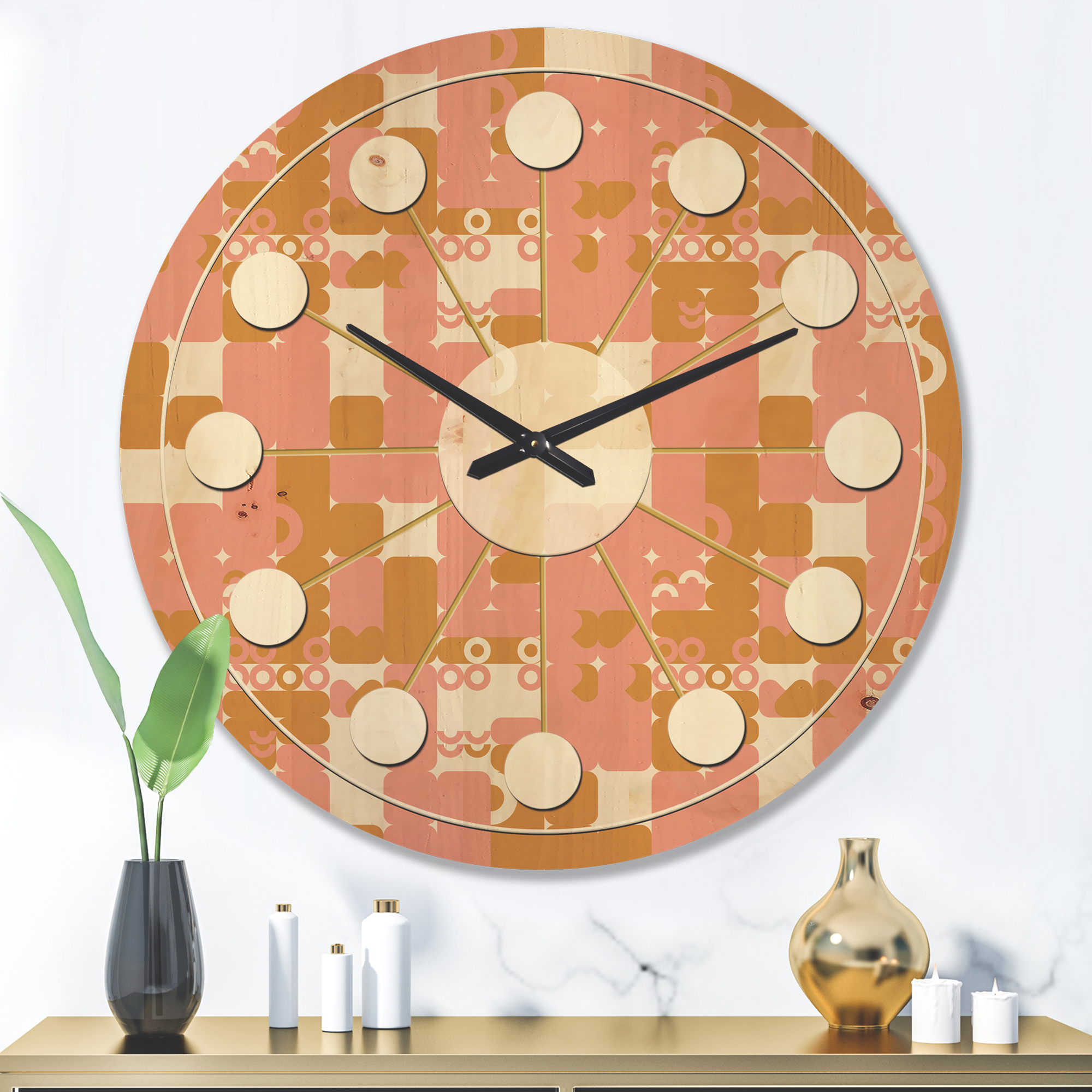 Designart 'Pink Abstract Retro Design' Mid-Century Modern Wood Wall Clock