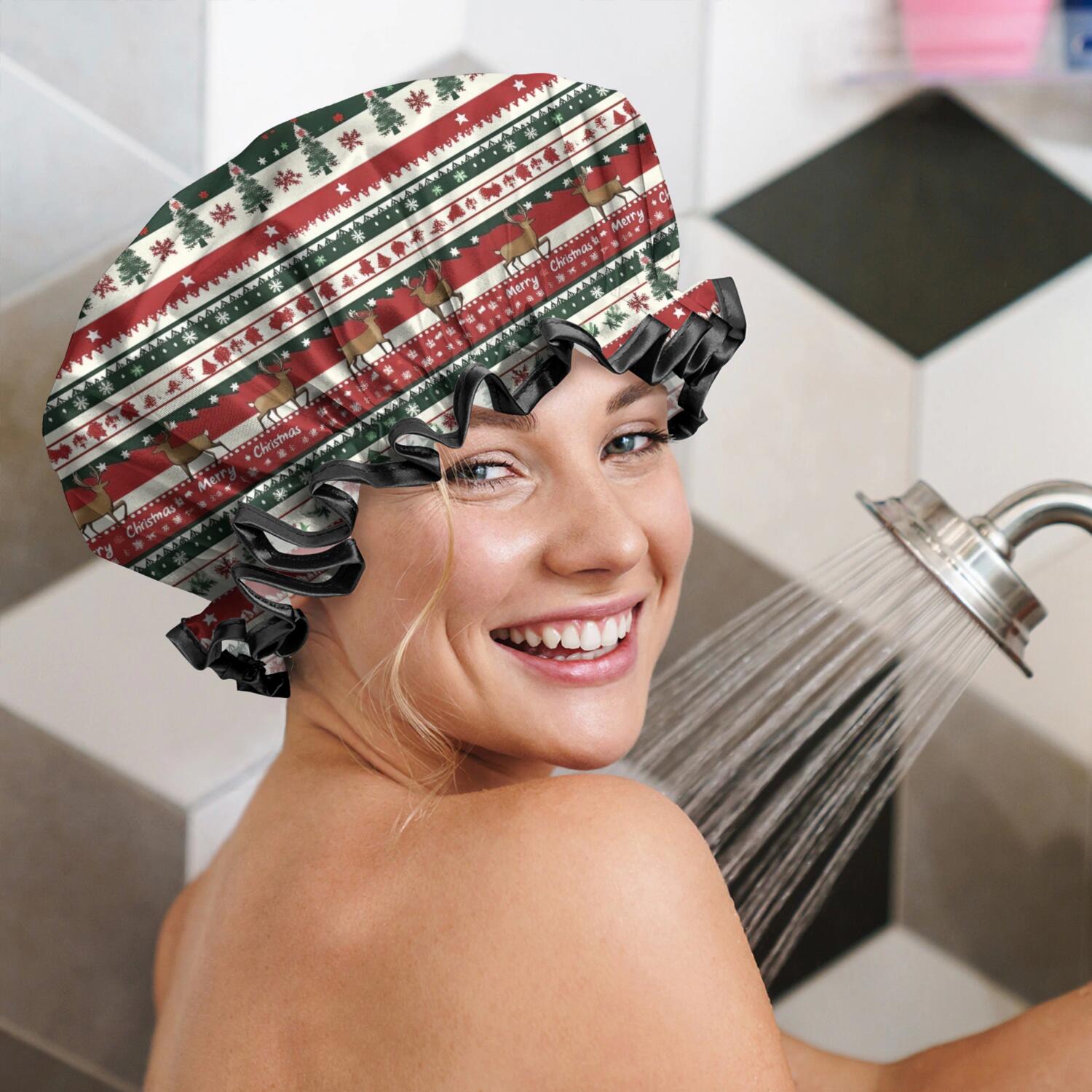 Shower Caps,Red Christmas Deer and Tree Pattern Waterproof Shower Cap for Women 4 Pieces,Double Reusable Hair Cover for Shower PEVA Elastic Stretch Hem