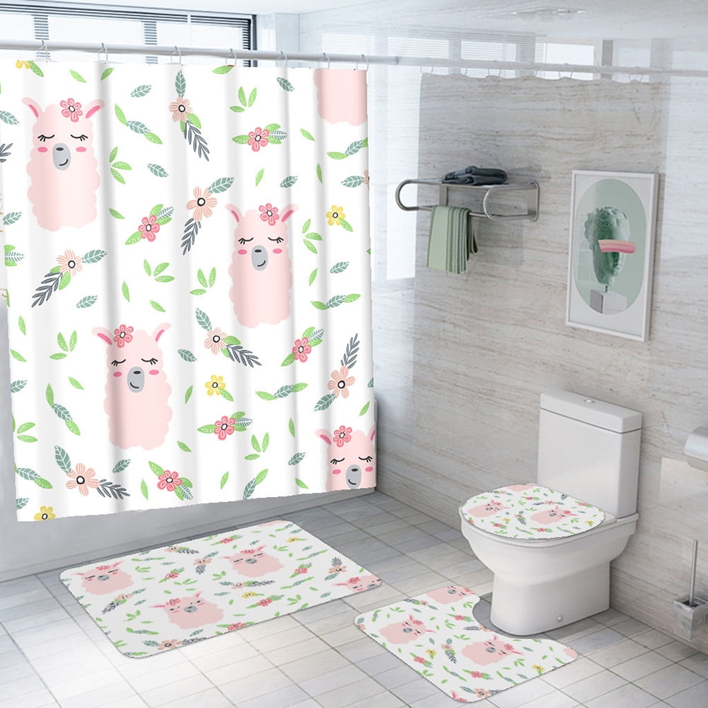 Cartoon Shower Curtain Bathroom Rug Set Thick Bath Mat Non-Slip Toilet Lid Cover 