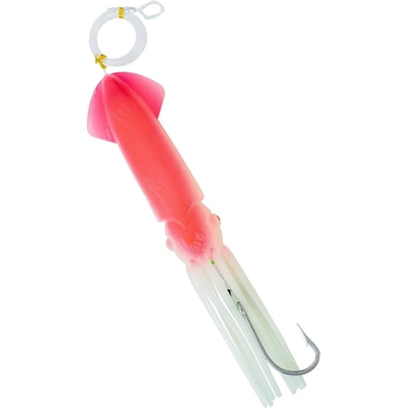 BLUEWING 12in Lighted Glow Squid Lure 1pc LED Saltwater Fishing Lure Soft Squids Baits with 9/0 Stainless Steel Hook and 300LB Mono Line Trolling Deep Drop Light Pink Squid – Red Light