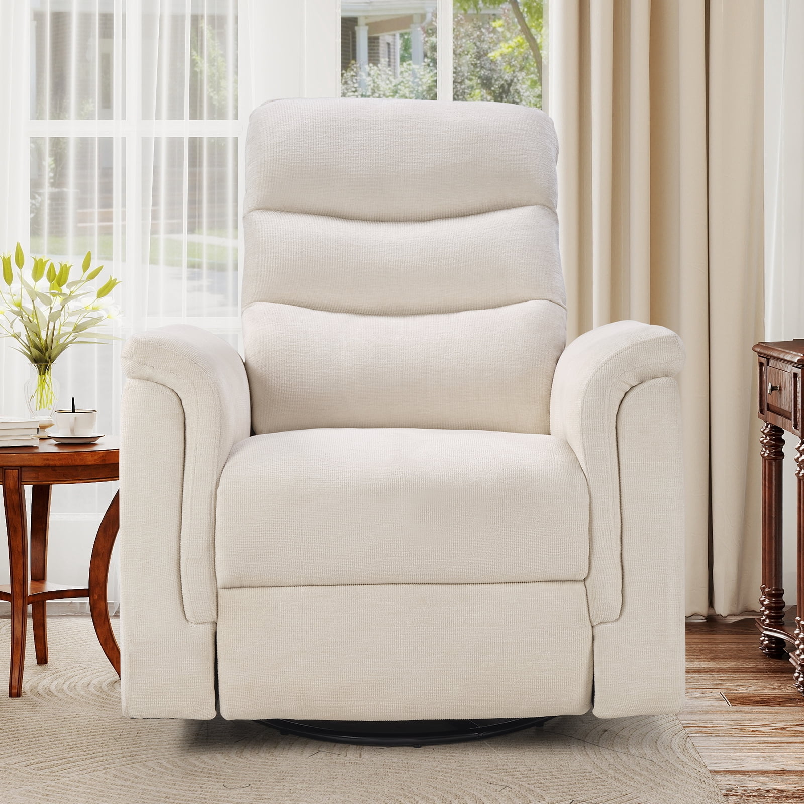 Ebello Manual Fabric Swivel Rocker Recliner, Silent Nursery Glider Chair with Soft Armrests & Backrest for Bedroom Apartment Living Room, Beige