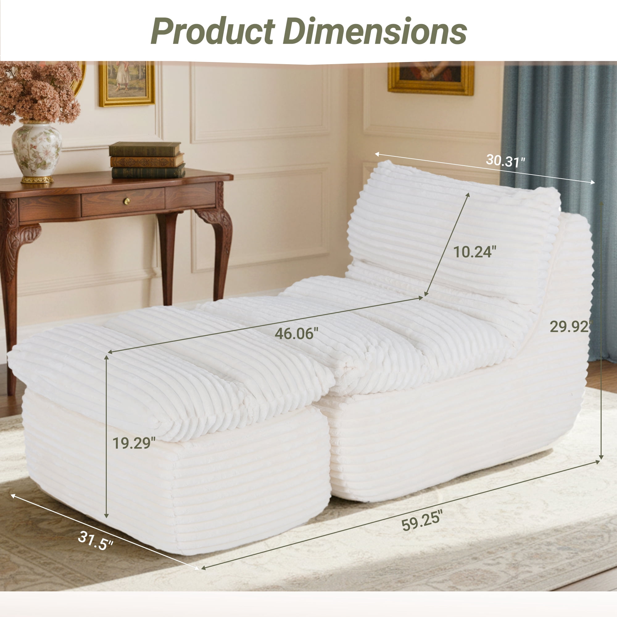 EOP Big Bean Bag Lounger Chair, Chaise Lounge Chair Indoor, Comfy Upholstered Sleeper Sofa Bed with Compressed Memory Foam, No Assembly Required, Beige