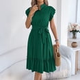 thumbnail image 7 of Bbyeadc Dresses for Women Midi Ruffle Short Sleeve Stand Collar Button Down Shirt Dresses Belted Waist Solid Color Vacation Sundresses,Green (M), 7 of 7