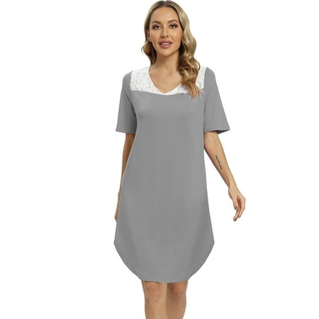 

WBQ Women s Short Sleeve Nightgown Lace V Neck Nightshirt Sleepwear Comfy Sleepshirts Knee-Length Nightdress Curved Hem S-2XL