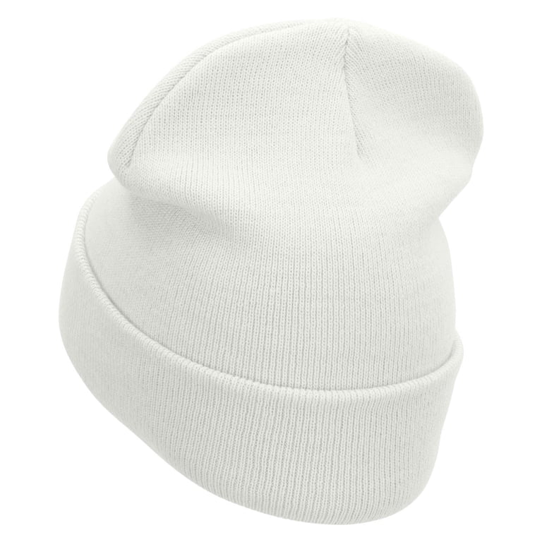 Melting Happy Face Embroidered 12 Inch Long Knitted Beanie - White