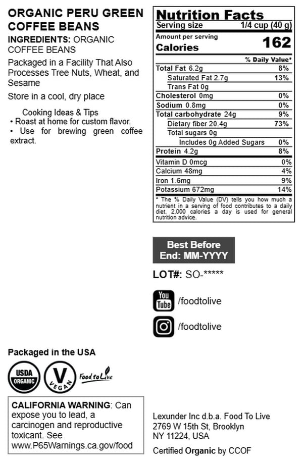 Organic Peru Green Coffee Beans, 1.5 Pounds – Whole, Unroasted, Washed Bean. Single Origin. Fresh Crop. No-GMO, Vegan, Bulk – by Food to Live