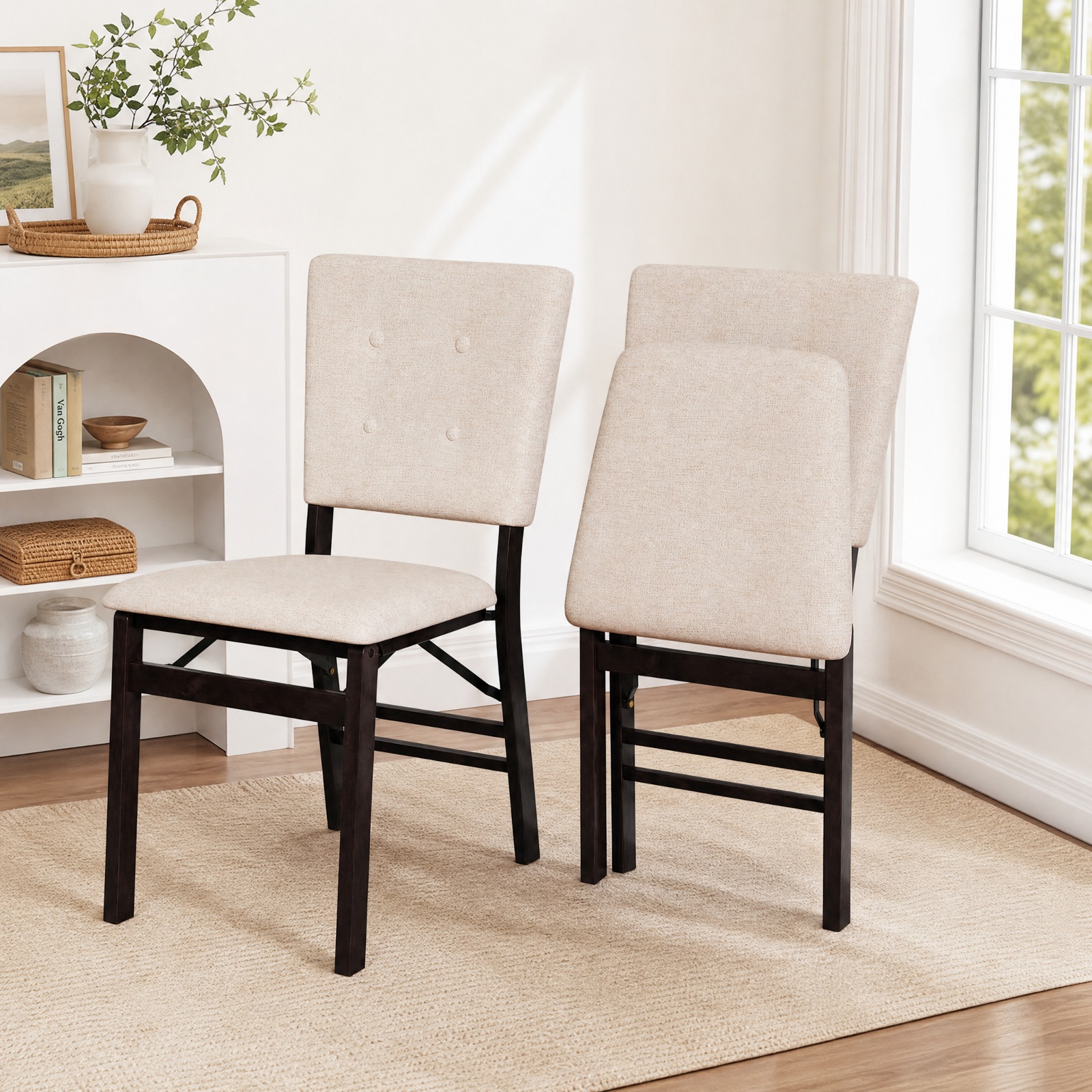 Furnibear Foldable Dining Chair Set of 2 Armless Kitchen Chair with Padded Seat and Tilt Backrest for Kitchen Dining Room Living Room Home, Beige