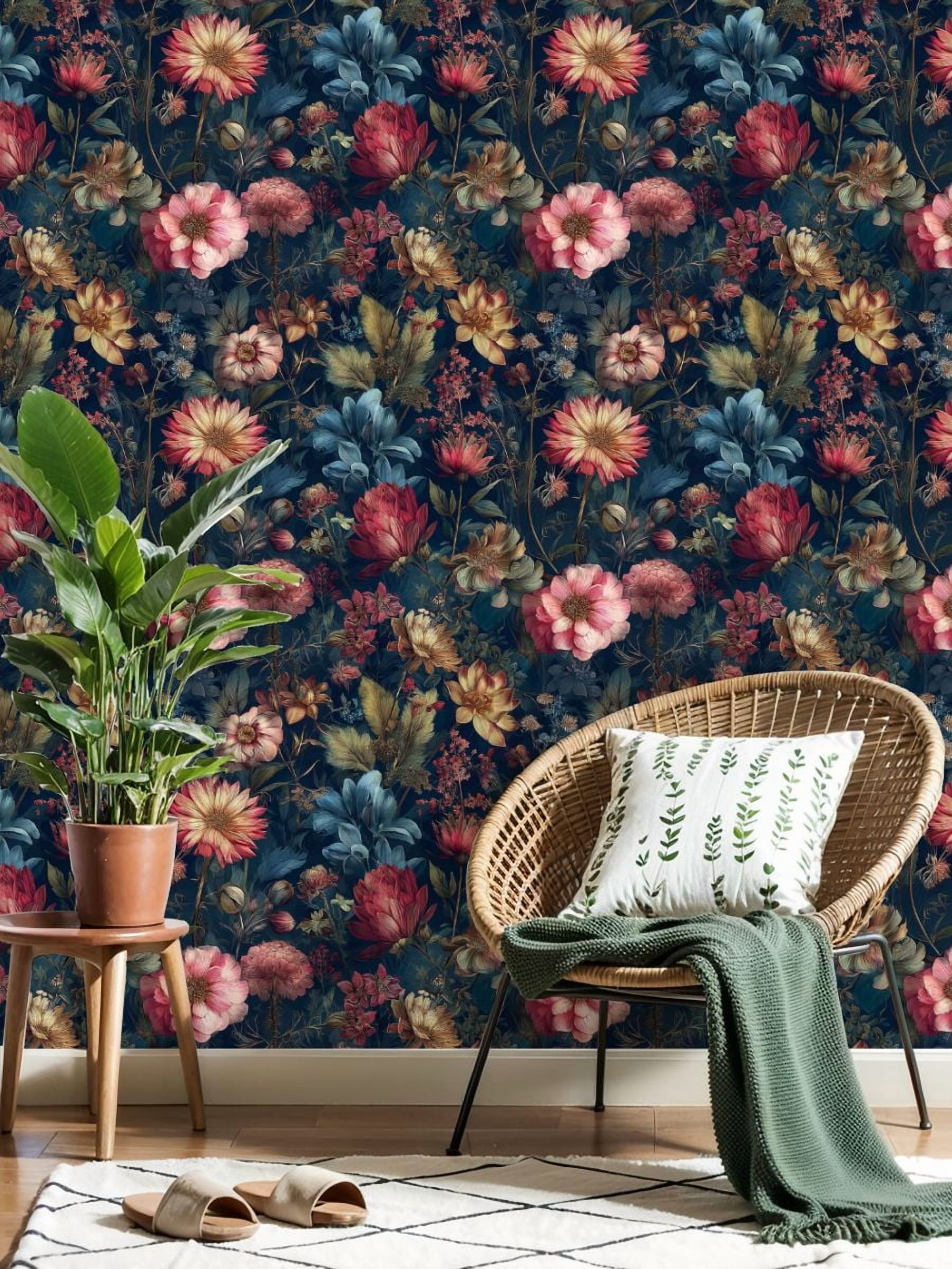 Peel and Stick Wallpaper 17.7in x 9.8ft Floral Botanical Vibrant Pink Red Yellow Blooms Dark Blue Contact Paper Vinyl Self-Adhesive Removable Wall Paper for Bedroom DIY Home Decor Renter Friendly