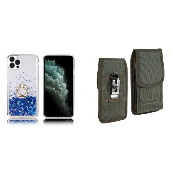 Waterfall Liquid Glitter Stand Case and Belt Holster Pouch for iPhone 14 Pro (Blue/Green)