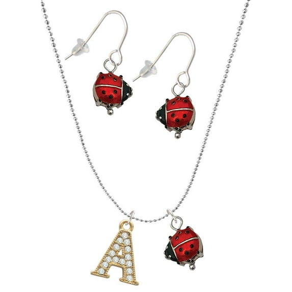 Delight Jewelry Goldtone Crystal Initial - A - Red Lucky Ladybug Necklace and Dangle Earrings Set