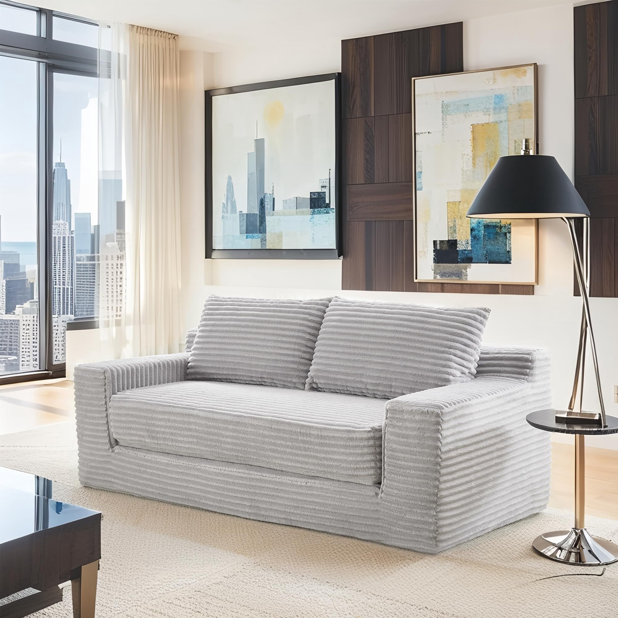 LUCKHAO 78" Convertible Loveseat Sofa Bed, Corduroy Fabric, Memory Foam, No Assembly, Compact Couch for Adults, Grey