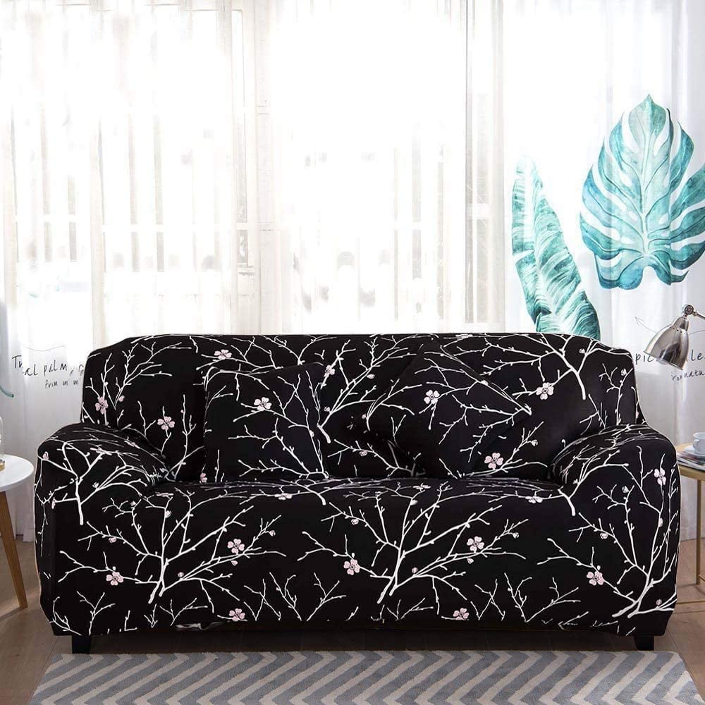 Neween Sofa Cover High Stretch Elastic Fabric 1 2 3 Seater Sofa Slipcover Chair Loveseat Couch Cover Polyester Spandex Furniture Protector Cover with 1 Pillowcase (3 Seater, Black Pattern)