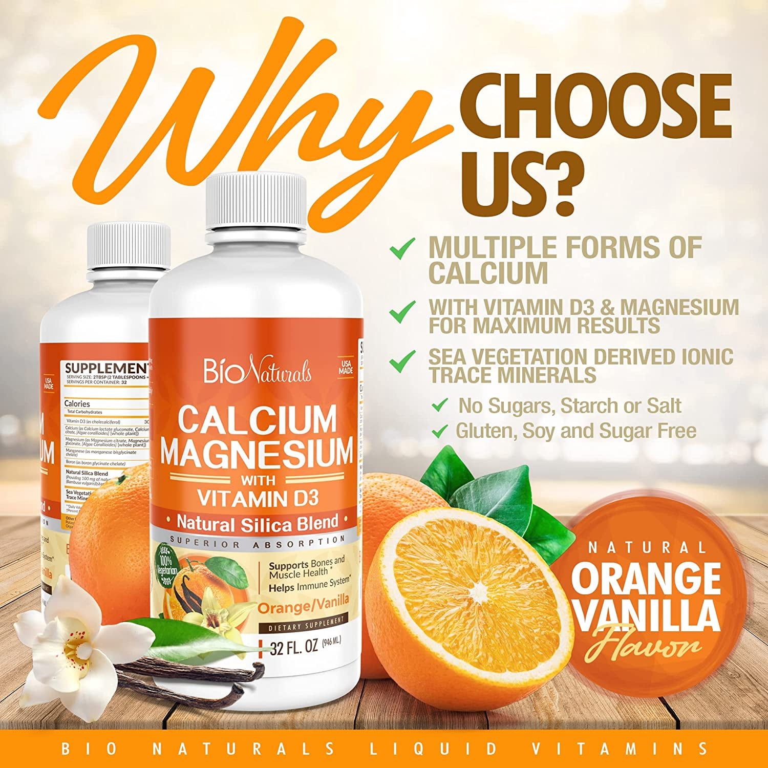 Bio Naturals Calcium & Magnesium Liquid Supplement with Vitamin D3 - Natural Formula, FOUR Types of Calcium Supports Strong Bones with Superior Absorption to Pills - 100% Vegetarian - 3