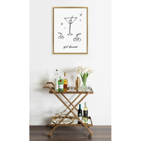 Kate and Laurel Sylvie Girl Dinner Framed Canvas Wall Art by Honey Island Studio, 18x24 Bright Gold, Cute Martini Glass Art for Wall