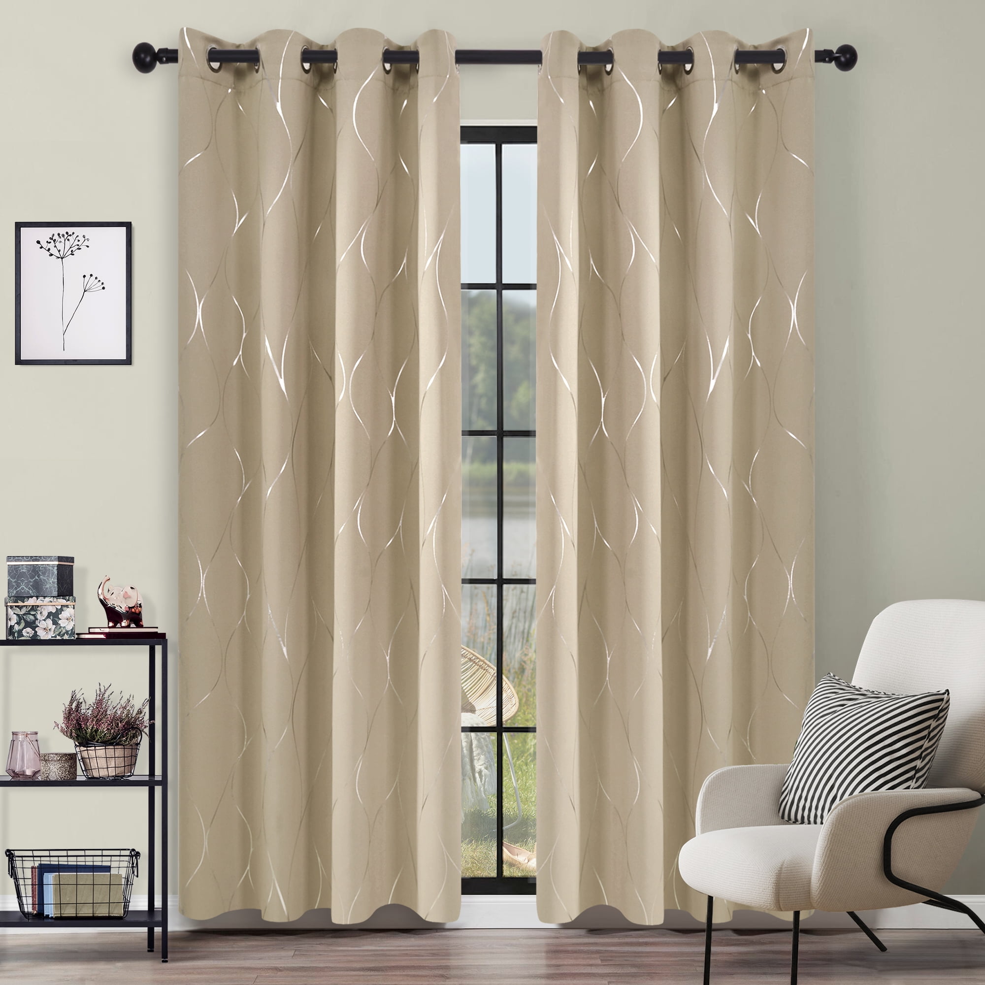 Deconovo Blackout Curtains Set of 2 Wave Foil Print Pattern Room