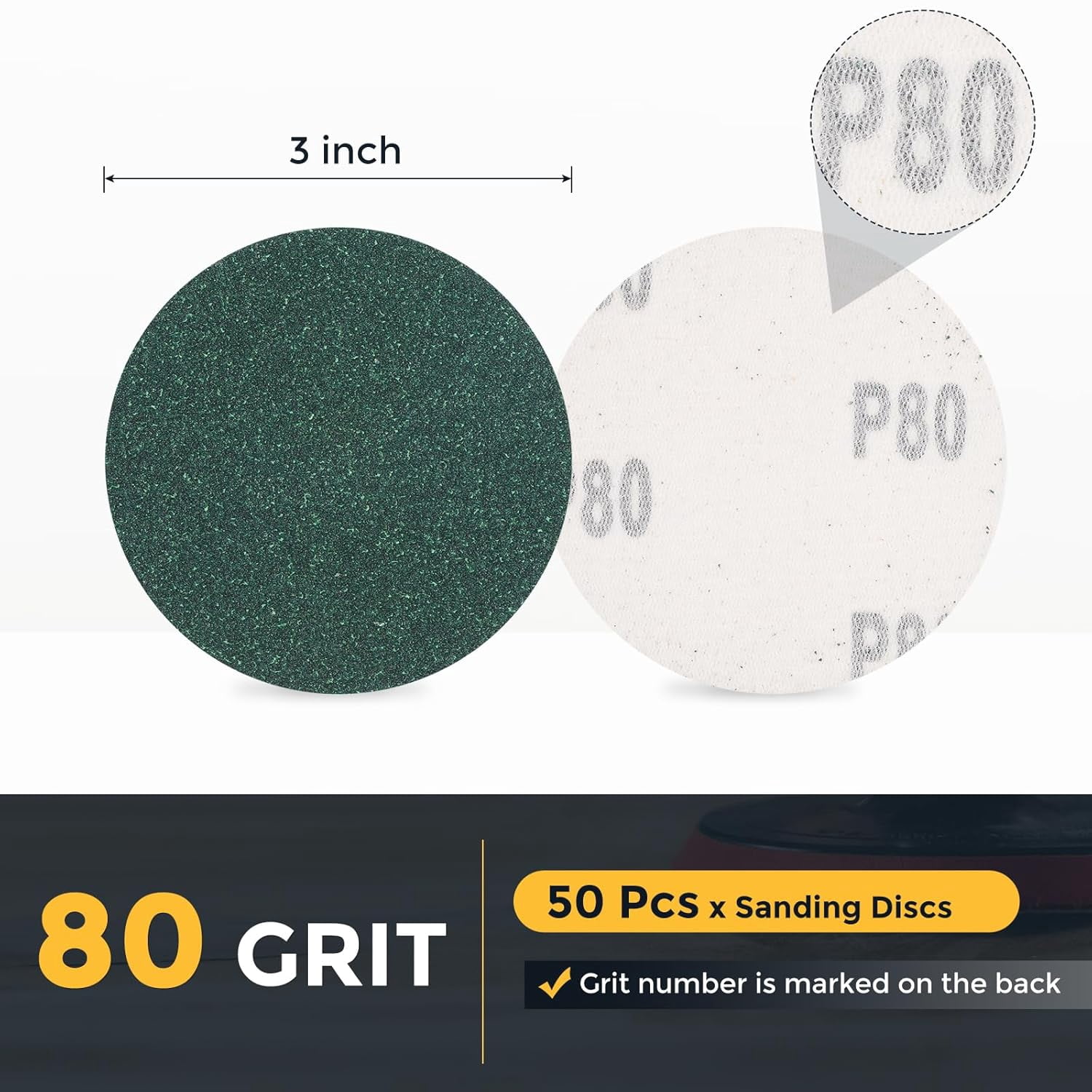 FRKSMD-50 Pcs 3 Inch Sanding Disc 80 Grit Hook and Loop Sandpaper Random Orbital Sander Pads for Woodworking, Metal, Stone Grinding and Polishing, Green, Zirconia