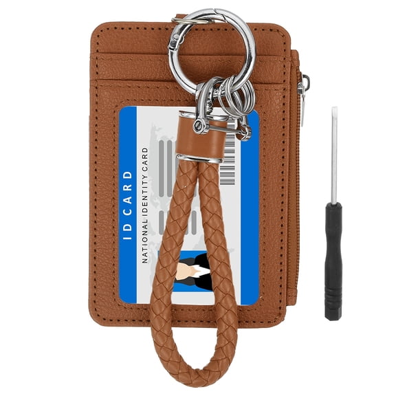 4.7 x 3.2 x 0.2" Slim PU Leather Card Holder Wallet, 1 Set Small Front Pocket Credit Card Case Zipper Coin Wallets with ID Window & Braided Keychain for Women Men, Brown