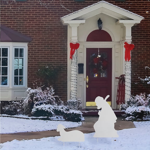 White Metal Shepherd & Lamb Yard Stakes , Home Decor, Christmas, 2 Pieces