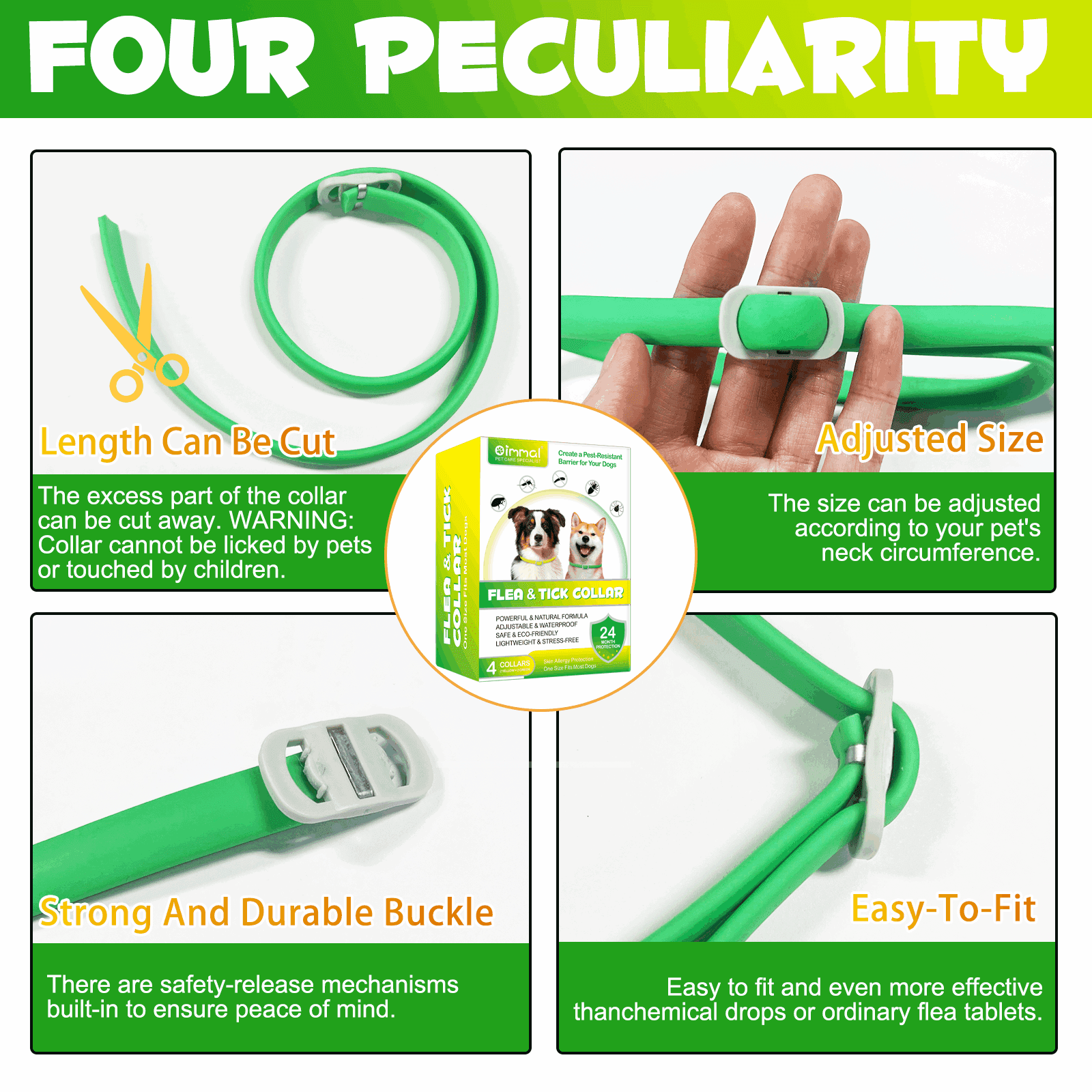 Oimmal Dogs Collar, Mosquito Prevention for Dog, Waterproof, 6 Months Protection, 4 Collars - Green & Yellow