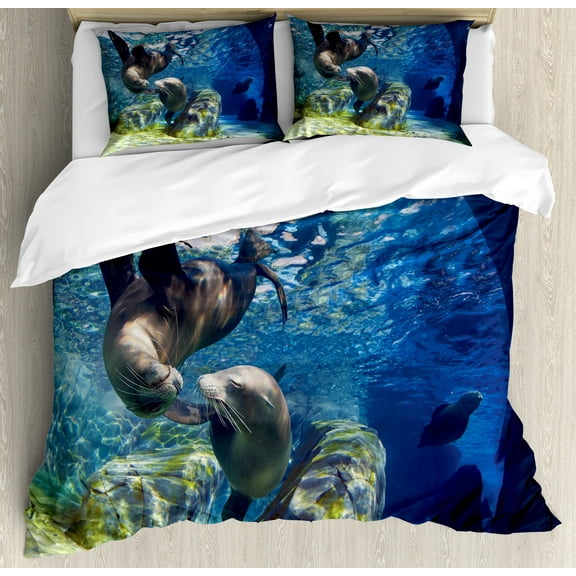 Sea Animals Duvet Cover Set, Playful California Sea Lions Swimming in Clear Water Undersea World Theme, Decorative 3 Piece Bedding Set with 2 Pillow Shams, King Size, Navy Blue Lime, by Ambesonne