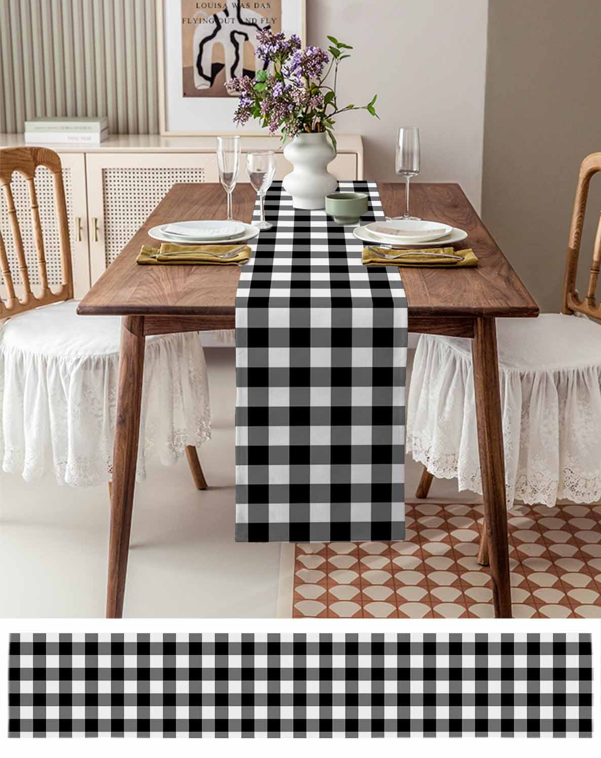 nqOlkjepod Black White Plaid Table Runner 70 Inches Long Farmhouse Dress Scarves, Gradient Geometric Buffalo Checkered Dining Tablerunner for Coffee Table/Kitchen Island/Party Décor, 13" x 70"