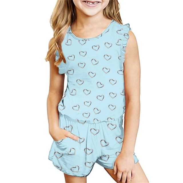 IFNWSV Ensembles d'Été pour Filles Mode Décontractée Sans Manches Col Rond Imprimé Ensembles de Shorts 5-6 Ans