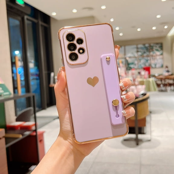 Electroplated Case for Samsung Galaxy A52 4G/5G, Cute Heart Pattern Slim Lightweight Soft Silicone Shockproof Cover with Wristband Kickstand Lens Protection Phone Case, Purple