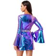 thumbnail image 4 of Fldy Robe de Danse Disco des Années 70 pour Femmes, Métallique Brillante, Col en V, Manches Évasées, Mini Robe pour Halloween, Bleu m, 4 of 7
