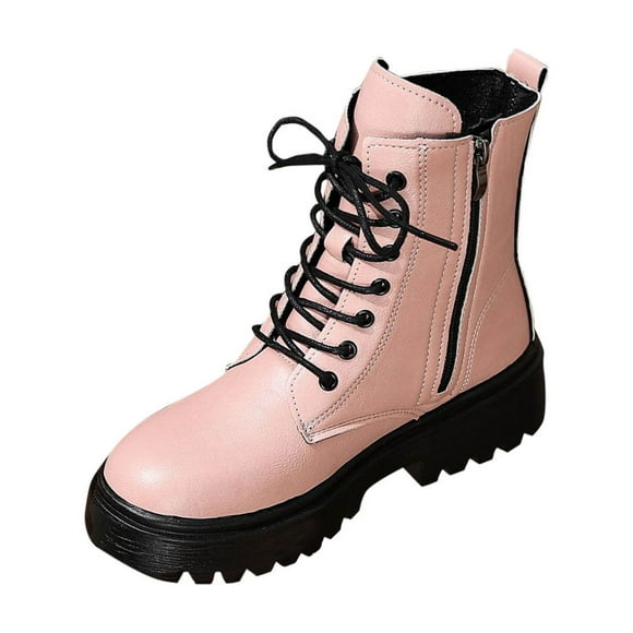Pink Ankle Boots For Women Round Toe Side Zipper Laced Chunky Heel Solid Color Low Heel Casual Shoes For Winter Wear And Outdoor Activities Size 36