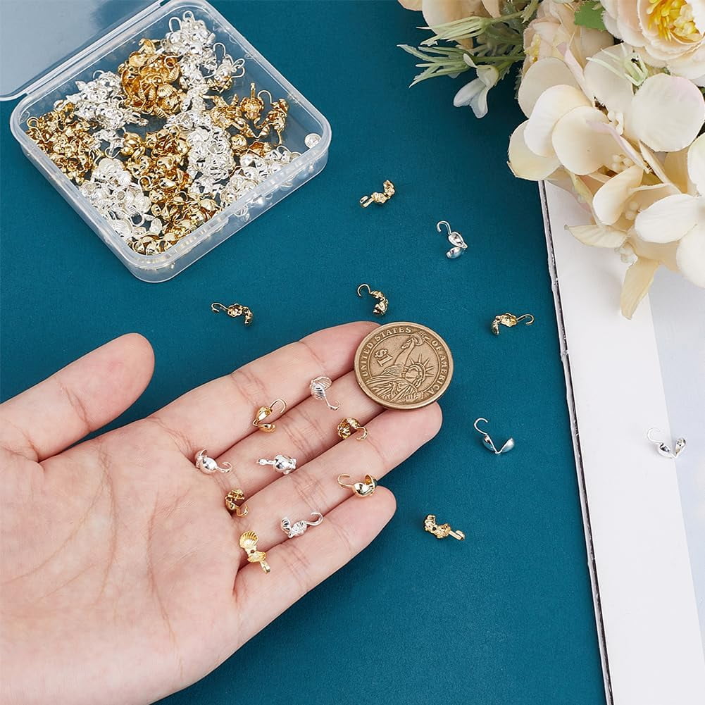 200pcs 10 Styles Brass Bead Tips Crimp Beads Kit for Jewelry Making Knot Cover Crimp Bead Covers Calotte Ends Clamshell Knot Cover for Bracelets Necklaces Making Mixed Color