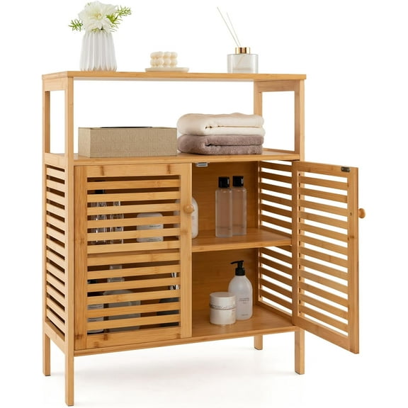 Giantex Storage Cabinet, Bamboo Bathroom Floor Cabinet with Double Louvered Doors, Open Shelf & Removable Shelf, Freestanding Cupboard, Storage Organizer for Entryway, Living Room, Kitchen