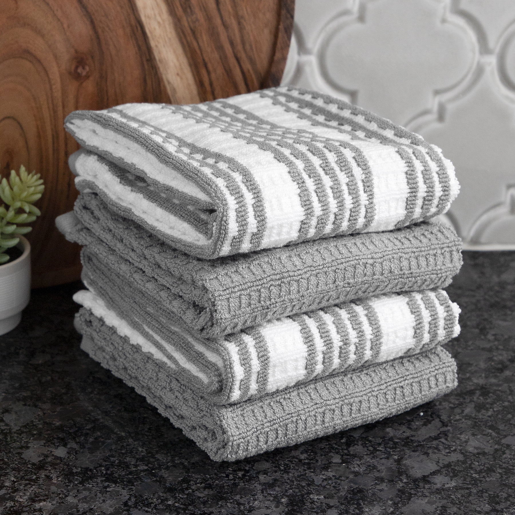 T-fal Gray Solid and Stripe Waffle Cotton Kitchen Towel Set of 2