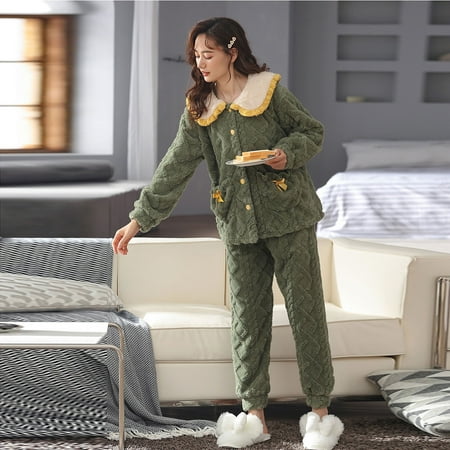 

Pajamas For Women Plus Size VSONTOR Women S Autumn And Winter Thickened Warm Coral Velvet Long Sleeve+Pants Worn Out Home Pajama Suit Army Green L W477
