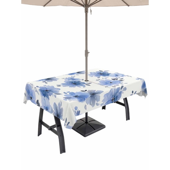 Outdoor Tablecloth with Umbrella Hole for Patio/Picnic/Party/Camping, Blue Spring Floral Waterproof Table Cloth Rectangle Table Cover Washable, Elegant Flowers Summer Botanical (52"x 70")