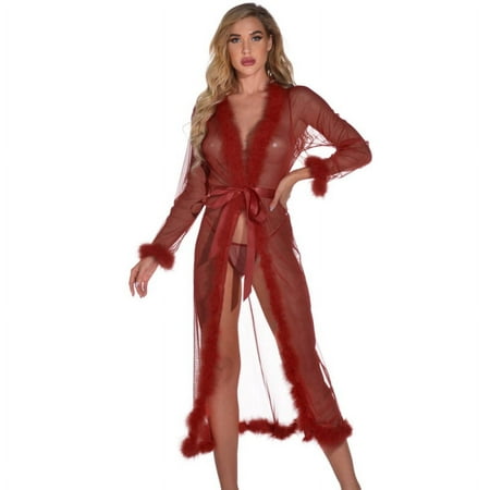 Women s See Through Kimono Robe Sheer Gown Lingerie Sexy Thin Mesh Long Sleeve Tie Front Cover Up with Plush Trim