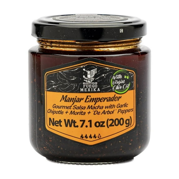 FUEGO MEXIKA® | Manjar Emperador 2-pack | Craft Mexican Salsa Macha: Chipotle, Morita Chili Peppers & Garlic, roasted and bathed in virgin Olive Oil.