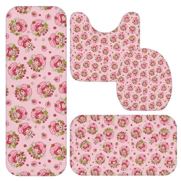 Strawberry and Girl Pink Pattern Bathroom Rug Set 4 Piece,Includes Contour,Lid Cover,Bath Mat,Non-Slip Extra Soft Absorbent Washable