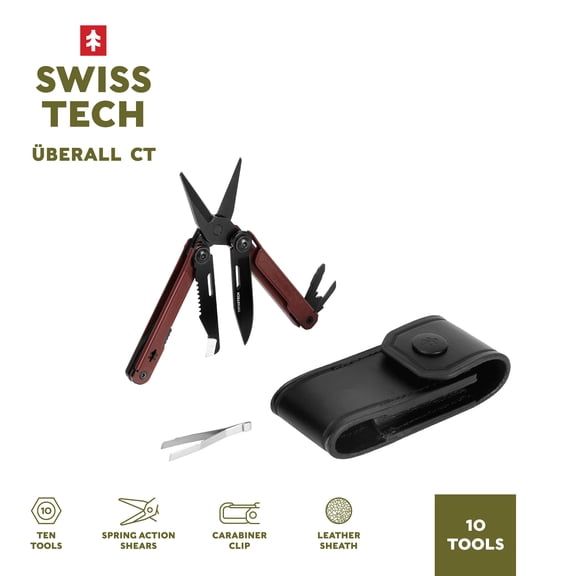 Swiss Tech Überall CT Shears 10-in-1 Multi-Tool with AUS-8 Steel Blade, Carabiner & Sheath – Maroon