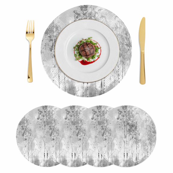 Contemporary Grey Tree Round 13 Inch Placemats Set of 4, Abstract Art Oil Paiting HeatResistant Non Slip Place Mats for Dining Table, Wipeable Braided Kitchen Table Mats for Housewarming