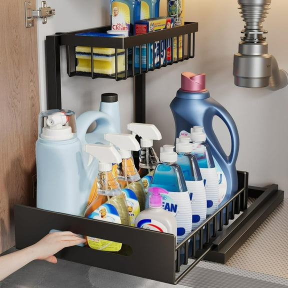 Multi-Functional Under-Sink Storage, L-Shaped Pull-Out Cabinet Storage Box, 2-Tier Black Under-Sink Storage Box For Bathroom And Kitchen, With Drawers.