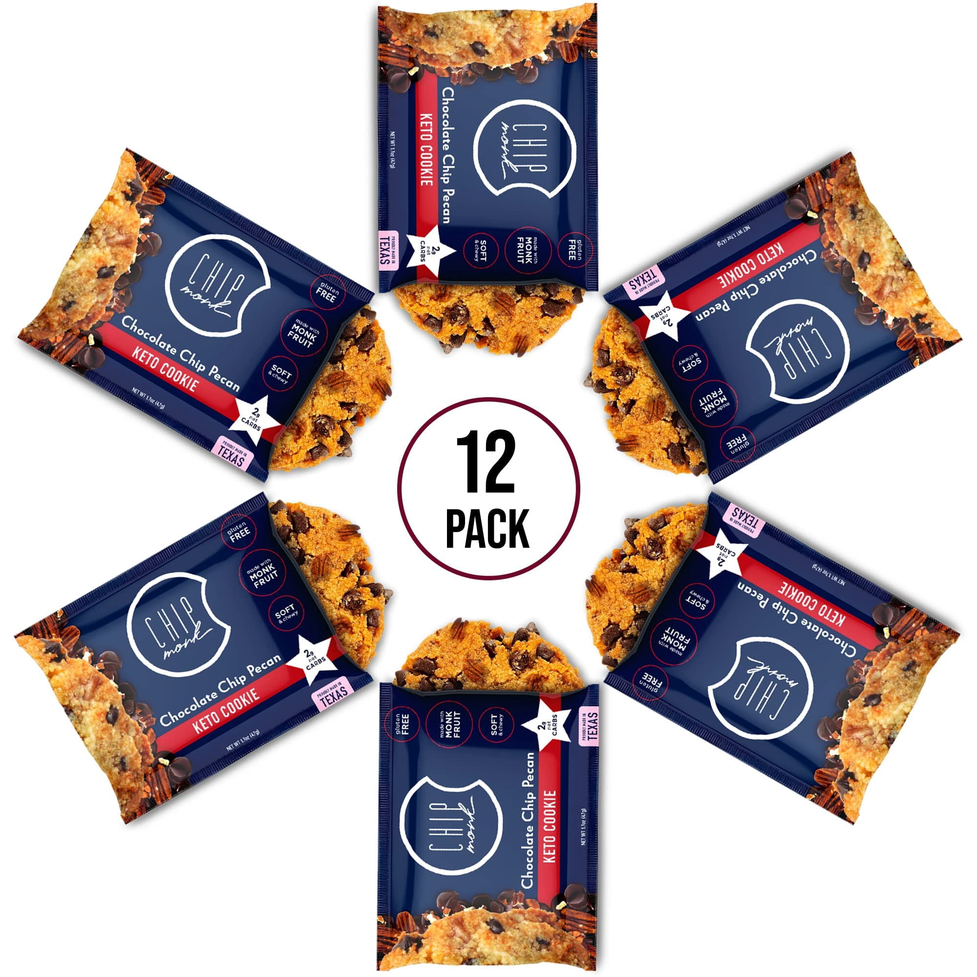 ChipMonk Cookies - Low Carb, Keto, Sugar Free, & Gluten-Free Snack Foods (Chocolate Chip Pecan, 12 pack)